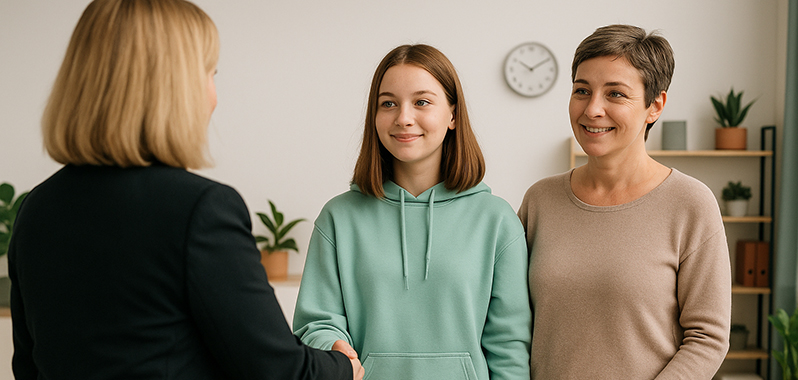 Jugendliche mit ihrer Mutter beim Begrüßungsgespräch mit einer Beraterin